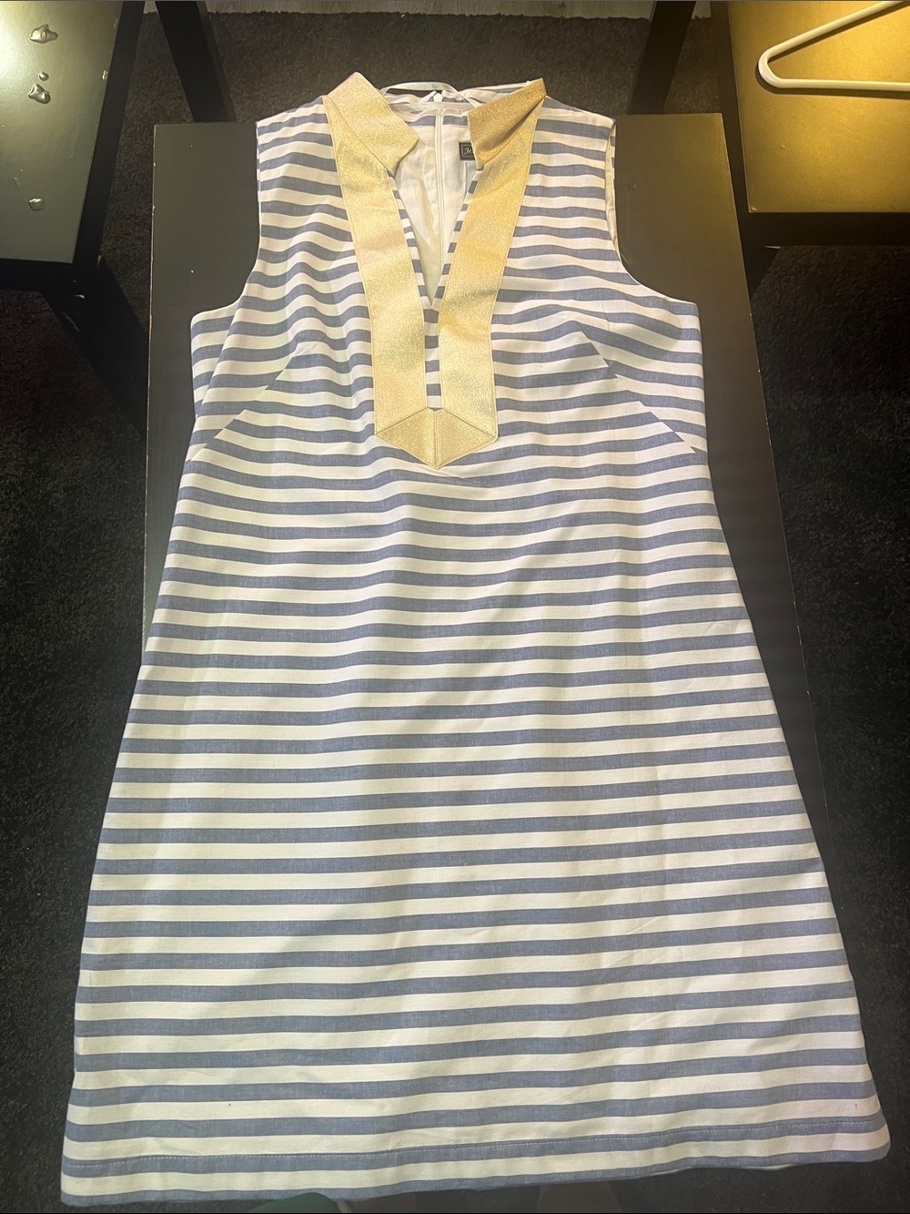 Jessica Howard Blue and White Striped Shift Dress with Cream V-Neck